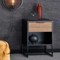 TRENTON Table De Chevet Noir, Naturel